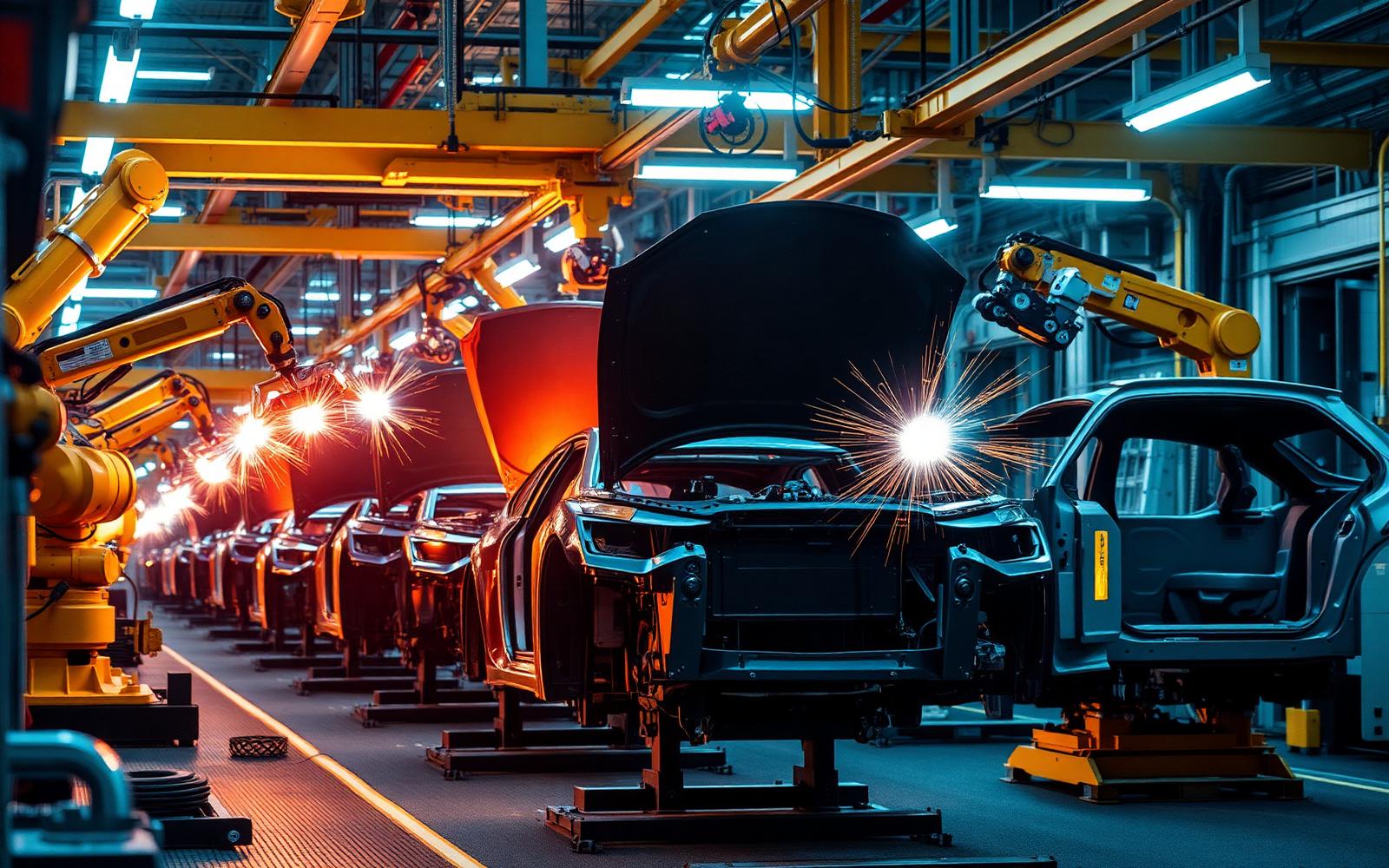 Automotive assembly line with robotic welding arms