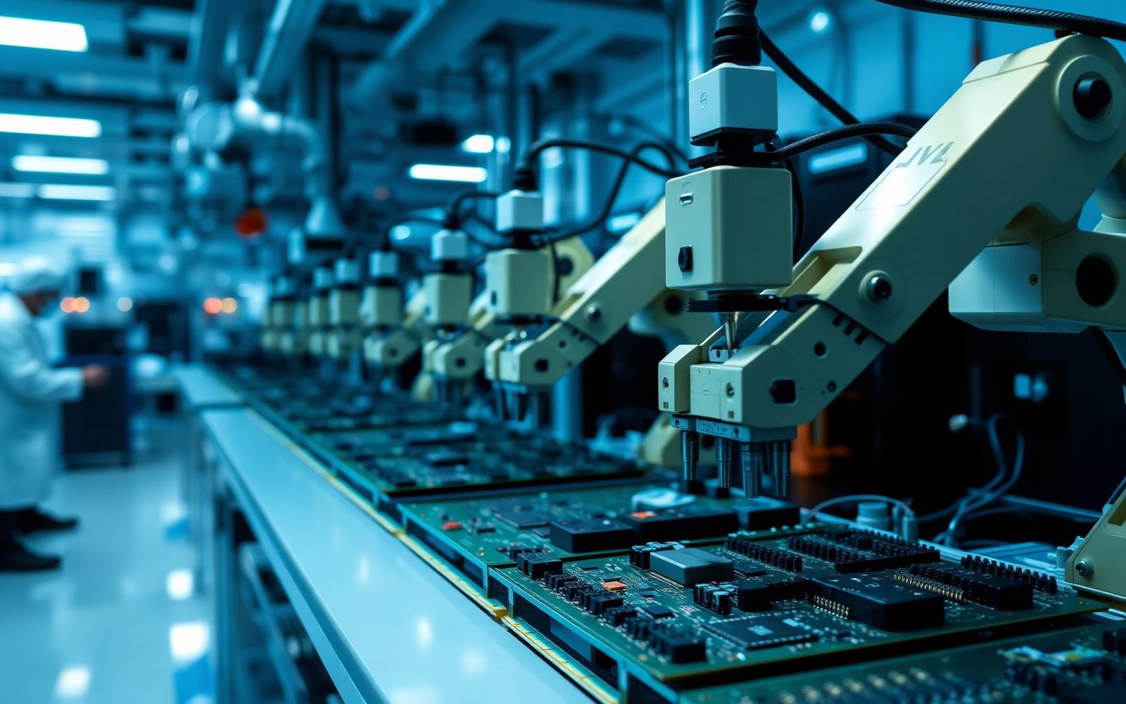Robotic arms assembling printed circuit boards in an electronics cleanroom